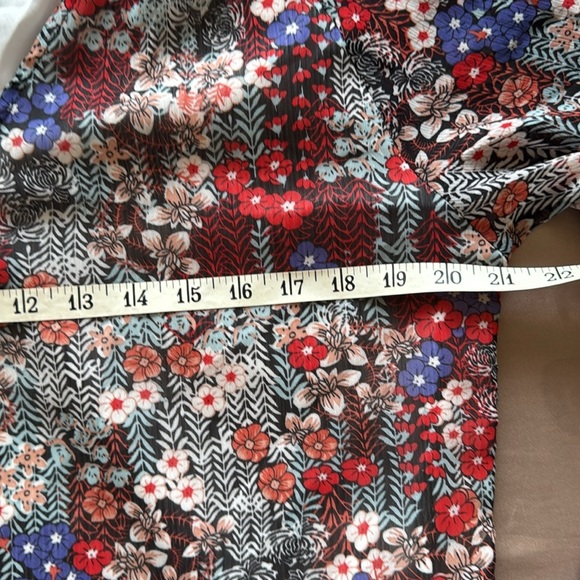 Casual Boho Sheer Floral Print V Neck Long Sleeve Tunic Lined Red and Blue - Picture 5 of 12